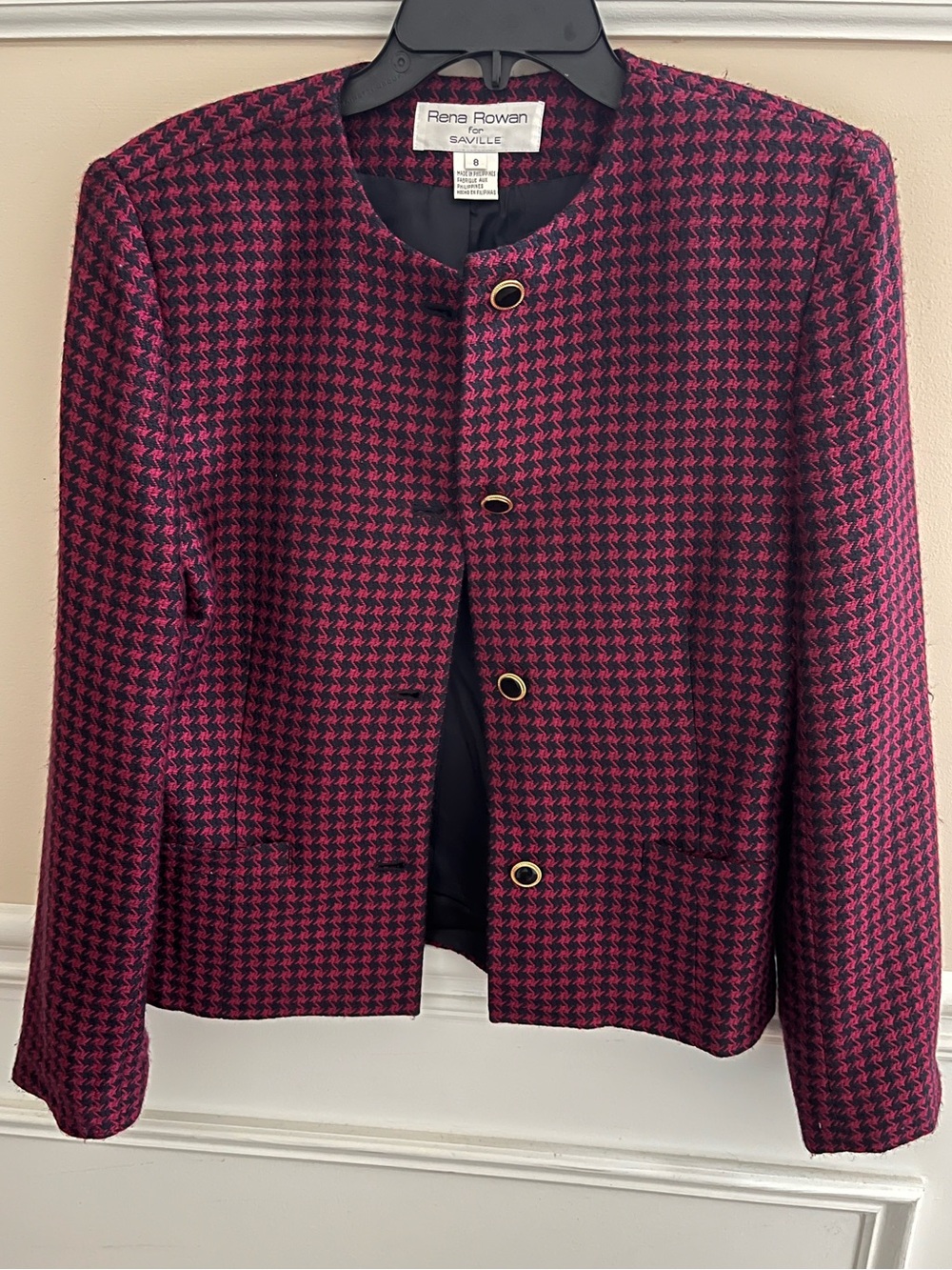 RENA ROWAN PINK BLACK HOUNDSTOOTH COLLARLESS BLAZER JACKET | SIZE 8